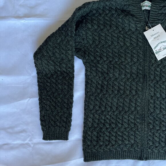 Aran Crafts 100% Merino Wool Hooded Zip Cardigan Sweater Forest Green Size M - Picture 3 of 6